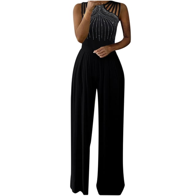 UPPADA Sparkle Sequin Jumpsuit For Womens Sleeveless Wide Leg Pants Rompers High Waist Overalls Summer Flowy Chiffon Jumpsuit