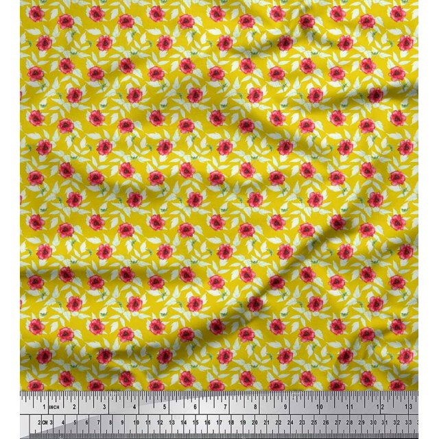 Soimoi Poly Georgette Fabric Leaves & Poppy Floral Printed Fabric 1 Yard 52 Inch Wide