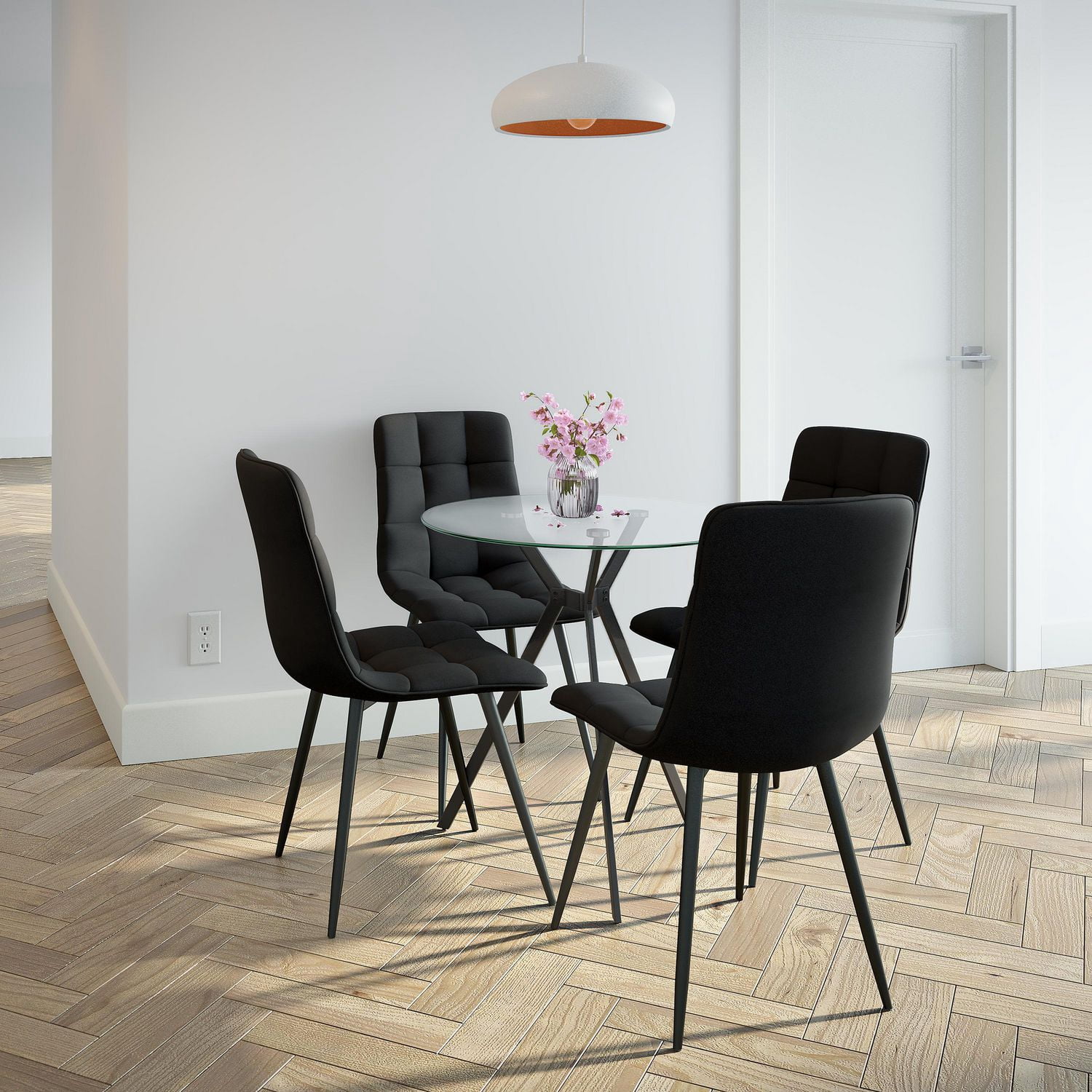 CorLiving Eliana 5-Piece Compact Round Dining Table Set for 4 | Small Round Kitchen and Dining Room Table with 4 Velvet Chairs | Ideal Circle Breakfast and Dinner Table Set