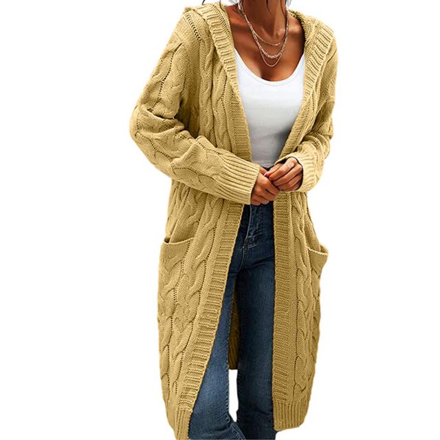 Women Hooded Open Front Cardigan Cable Knit Sweaters Solid Chunky Long Sweater Coats with Pockets