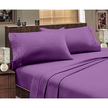 Italian Design 1800 Series Egyptian Comfort Super Soft Embroidery 4 Piece Sheet Set (Queen, Purple)