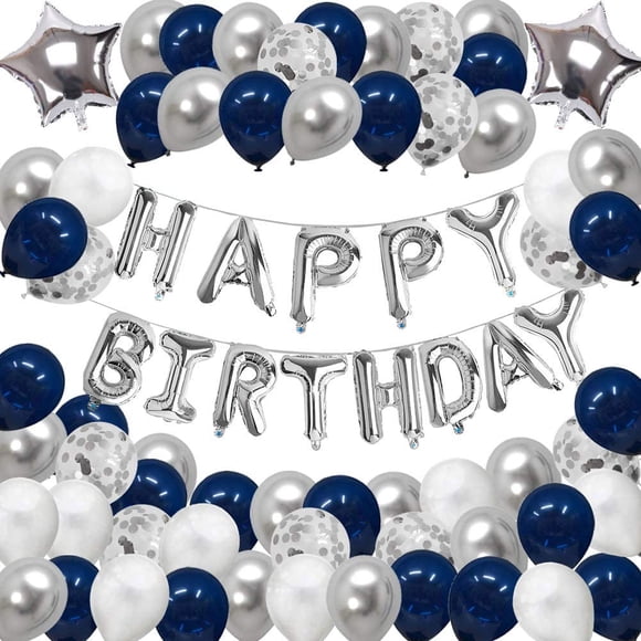 Birthday Decorations, Happy Birthday Balloon Banner Party Supplies, Silver Blue Foil Balloons Confetti Balloons Birthday Decor for Men Women, 18th, 50th, 60th Birthday Party Balloons Decorations Set