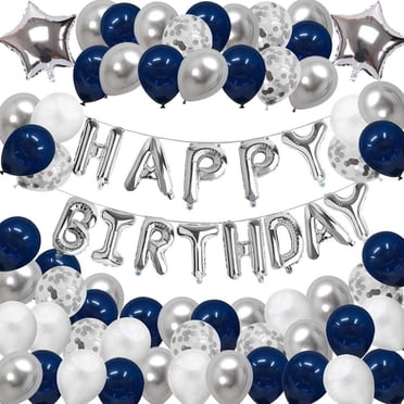 Décorations d'Anniversaire, Bannière de Ballons « Happy Birthday » Fournitures de Fête, Ballons en Feuille Argent Bleu Ballons à Confettis Déco d'Anniversaire pour Hommes Femmes, Ensemble de Décorations de Ballons pour Fête de 18e, 50e, 60e Anniversaire