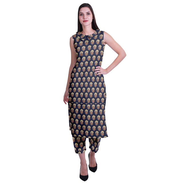 Moomaya Ensemble Kurta et Pantalon Sans Manches pour Femmes à Col Peter Pan Imprimé, Ensemble Ethnique 2 Pcs