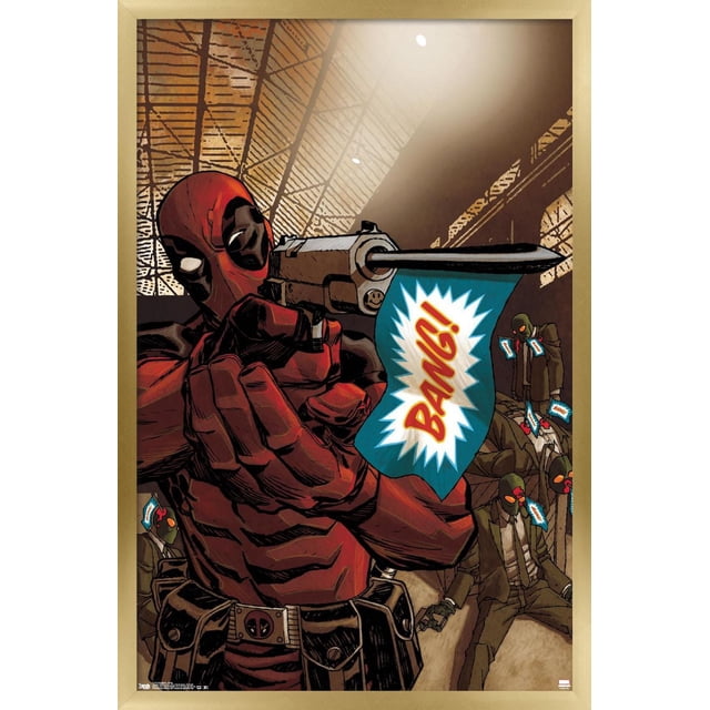 Marvel Comics - Deadpool - Affiche Murale « Bang », 22,375 Po x 34 Po Représentant Deadpool en Rouge et Noir Visant un revolver Argenté avec un Drapeau « Bang! » Bleu, Ensemble dans un Entrepôt avec des Figurines Masquées Assorties en Chute, Imprimée sur Papier Lustré, Convient à la Décoration Murale de Chambre Ou de Bureau.