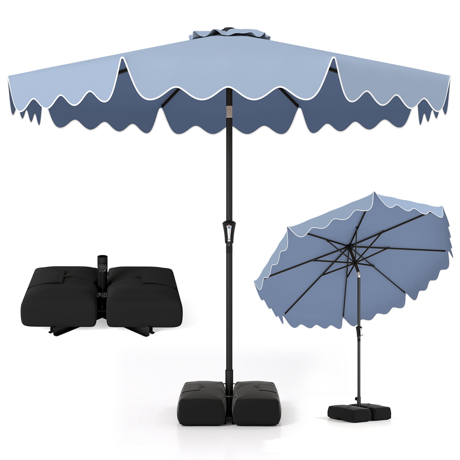Costway Parasol de Patio 9 Pi avec Sacs de Sable à Base Lestée, Inclinaison à Bouton-Poussoir, Manivelle, Nervures Robustes, Bleu