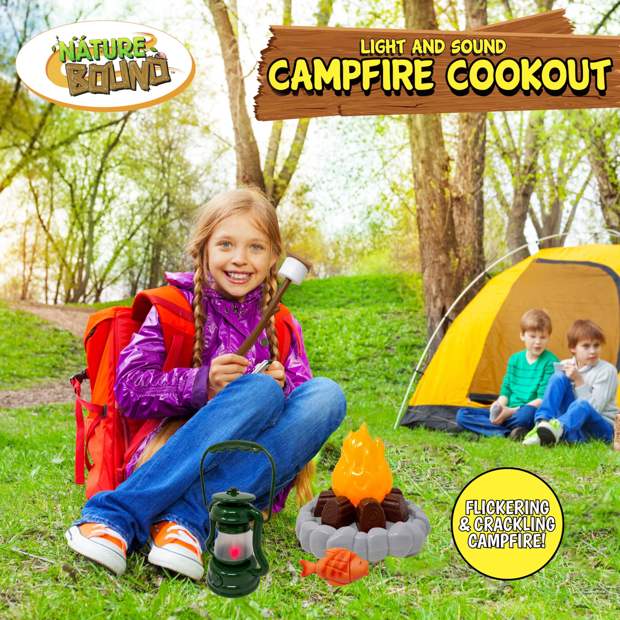 Nature Bound – Ensemble de camping pour enfants avec feu de camp lumineux – Coffret de jeu avec lumières pour aventures intérieures et extérieures – S’mores factices, lanterne et accessoires