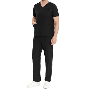 Scrubs Set for Men V-Neck Stretch Scrub Top and Elastic Waist Pants with 5 Pockets Anti Wrinkle Soft Nursing Uniform Set Short Sleeve Working Uniform Two-Piece Sets Black