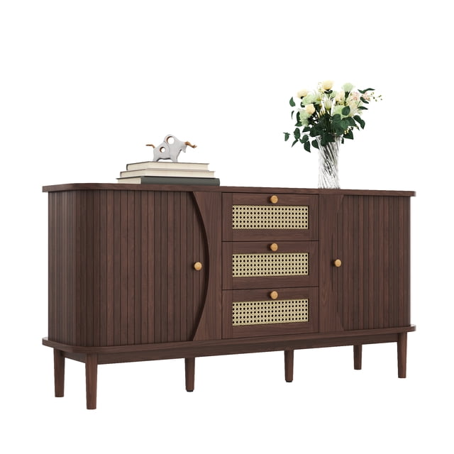 Noble House Rattan Sideboard Dresser, Sliding Door Cabinet with Adjustable Shelves & Rounded Top,Storage Cabinet,Walnut Wood