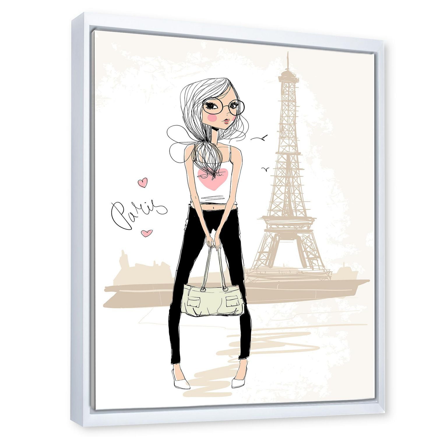 Designart Jolie fille près de la Tour Eiffel à Paris ART MURAL À CADRE FLOTTÉ