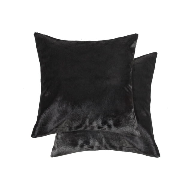 TORINO COWHIDE PILLOW 18"X18" 2-PACK with two black Indian cowhide pillows featuring natural fur texture, hand-stitched construction, hidden zipper closures, and soft microsuede backing, suitable for indoor Christmas decorative layering and adding warmth to home décor.