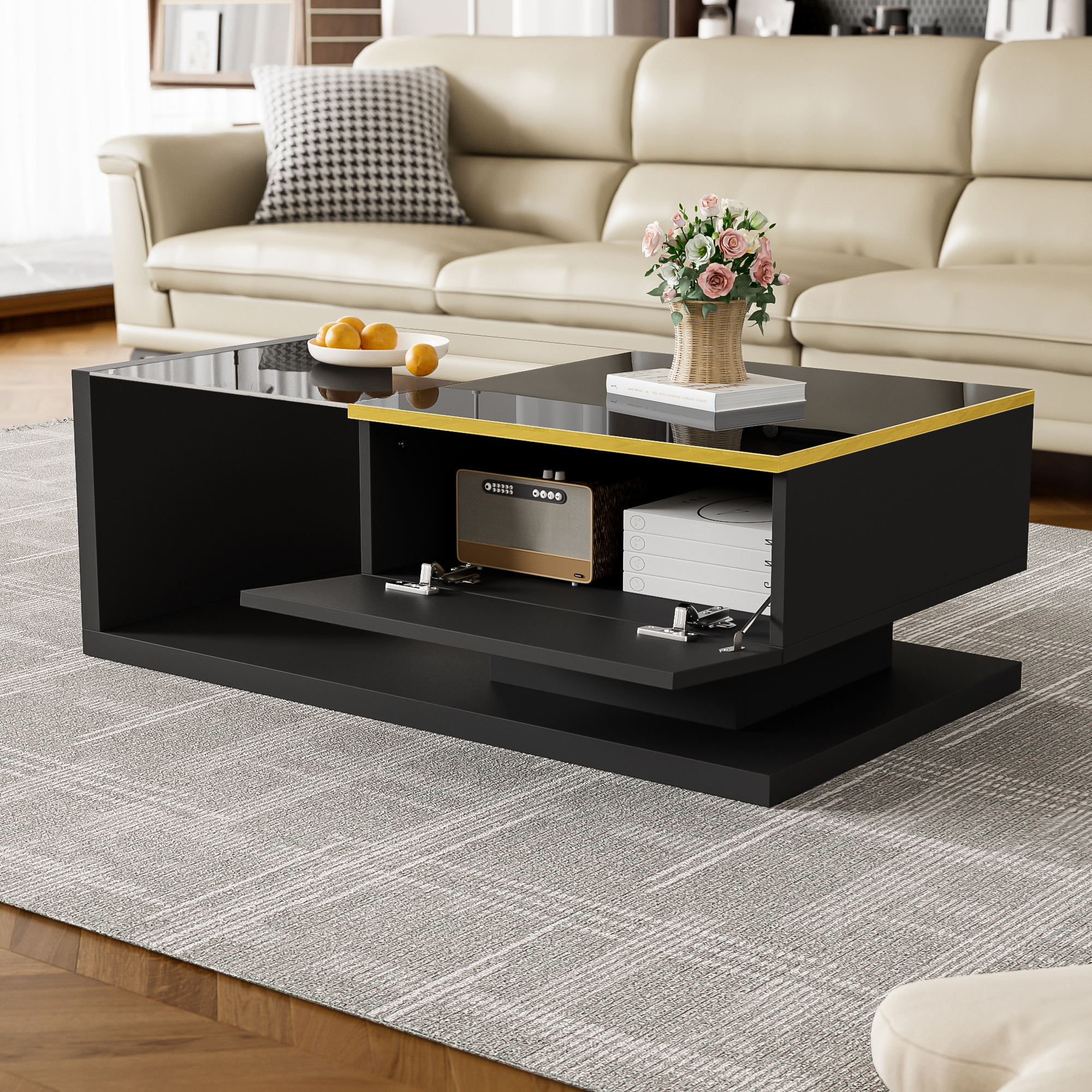 Noble House 39.4" High-Gloss Black Coffee Table, Tempered Glass with Dimmable LED, Storage Compartment & Open Shelves,Black