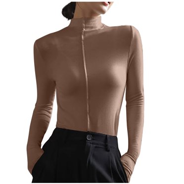 Besolor Chandails Décontractés à Manches Longues pour Femmes, Col Roulé Simulé, Hauts Ajustés Basiques Légers, T-Shirts Unis, Chandail à Enfiler sous Couche