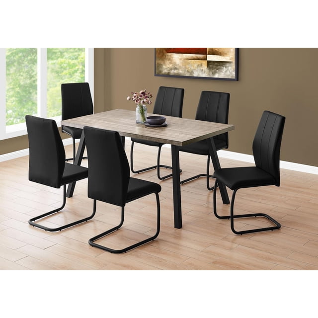 Monarch Specialties Dining Table, 60 inch rectangular with taupe reclaimed wood look laminate top and black metal legs, paired with six black cantilever chairs with padded seats and vertical stitching, set on light wood flooring in a dining room with brown walls and abstract art, ideal for kitchen or dining room use.
