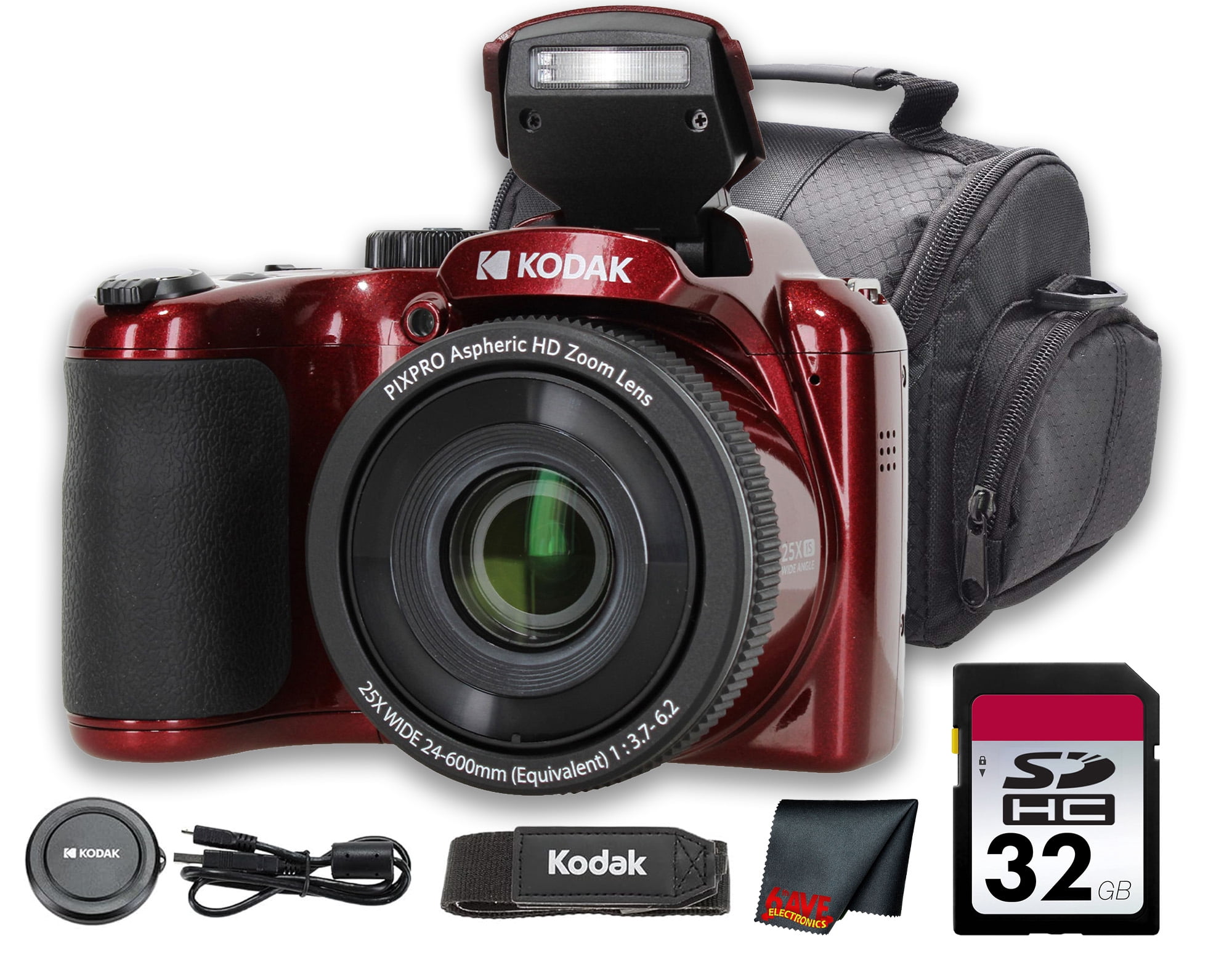 Kodak PIXPRO AZ255 16MP Digital Camera, 25X Optical Zoom, 1080p Video, 3" LCD, Red with 32GB Memory Card & Camera Case