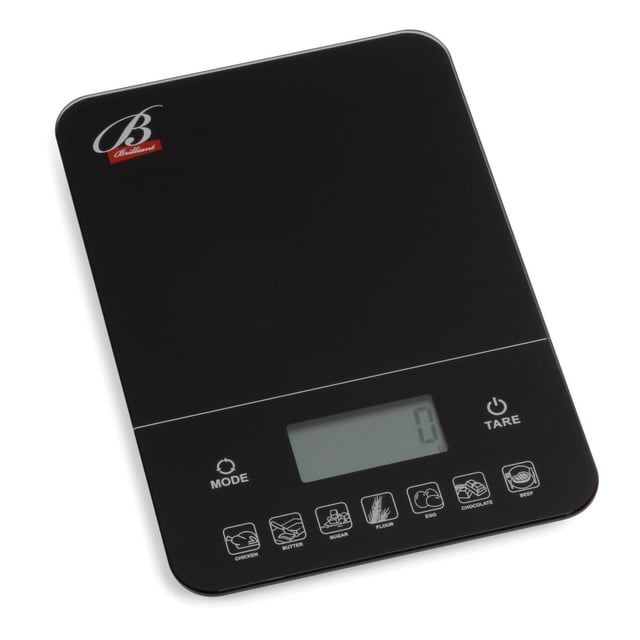 Brilliant Digital Kitchen Nutrition Scale with a black 4mm tempered glass platform, LCD display, and touch-panel buttons for mode, tare, and seven food calorie calculation keys including chicken, butter, sugar, flour, egg, chocolate, and beef, shown from a top angled view on a white background, ideal for accurate food weighing and calorie measurement.