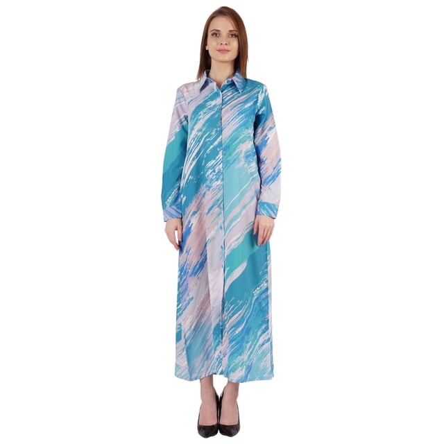 Bimba Robe Chemise Maxi Imprimée à Manches Longues pour Femmes, Coupe Ample Décontractée, Boutonnée