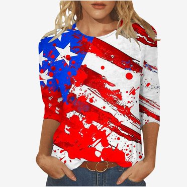 LMKIHUSA Independence Day Shirts for Women 3/4 Sleeve Crew Neck Blouses 4th of July Patriotic Print Tunic Tees Caual Dressy Summer 2025 Tops Red,XL