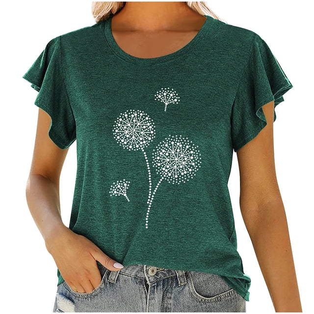 Birdeem Fashion Women Round Neck Short Sleeve Ruffle Printing T-Shirt Tops Summer Blouse