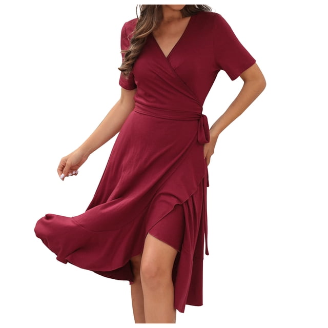 Robes Décontractées pour Femmes à Manches Courtes Portefeuille à Col en V à Volants Robe Midi d'Été Coupe Ample Fluide Asymétrique avec Ceinture