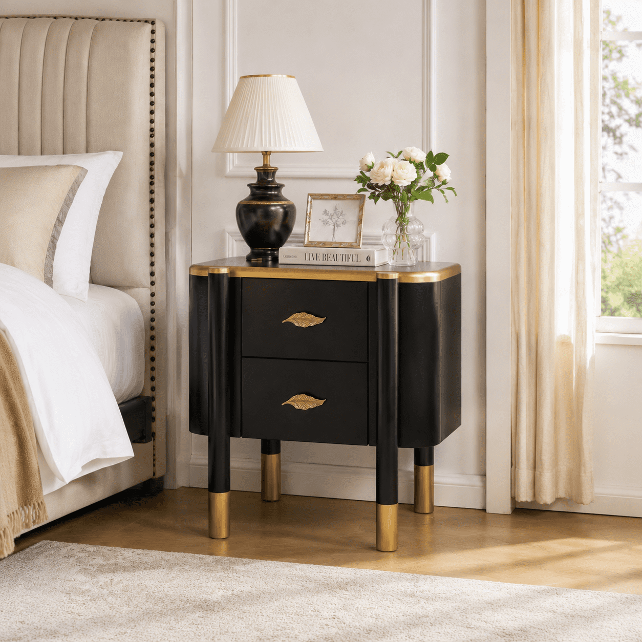 Noble House Dresser contemporain à 2 tiroirs, design profilé incurvé et poignées métalliques en forme de plume, pour chambre, noir