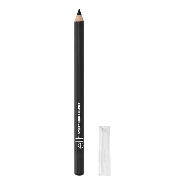 e.l.f. Cosmetics Smoky Kohl Eyeliner pencil in black with a sharpened tip and clear cap on a white background, featuring a smooth-glide, blendable formula for richly pigmented, long-lasting smoky eye looks, also suitable for subtle smudged lash lines.