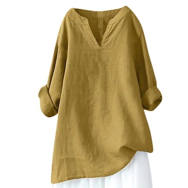 IROINID Économies Chemises Grande Taille pour Femmes Chemises en Coton pour Femmes Col Fendu Décontracté Manches Longues Chemises Amples en Coton et Lin Chemises d'Été Blouse, Jaune