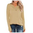 thumbnail image 1 of Timegard Womens Tops Notched V-Neck Button Long Sleeve Solid Color Comfy Fall Casual Loose Tee Tops, 1 of 4