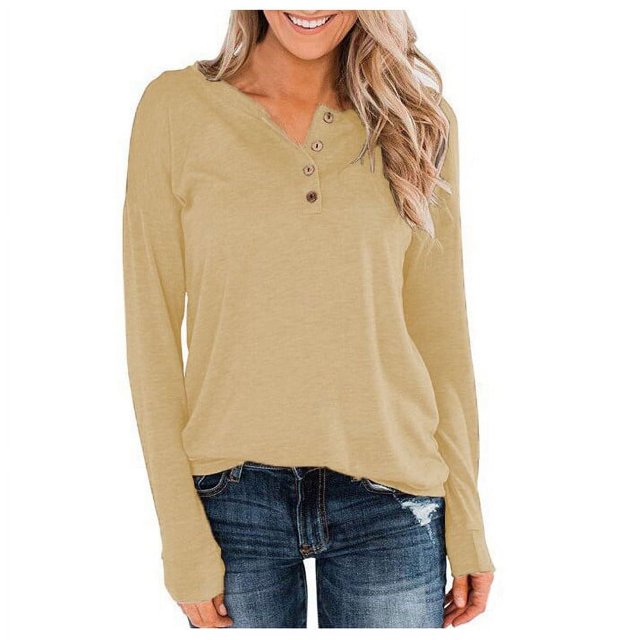 Timegard Womens Tops Notched V-Neck Button Long Sleeve Solid Color Comfy Fall Casual Loose Tee Tops