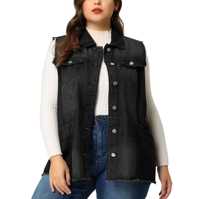 Agnes Orinda Gilet en Jean pour Femme Grande Taille Ourlet Brut Sans Manches Veste en Denim Mode 4X Noir