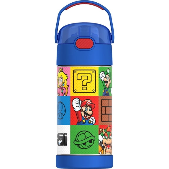 Thermos Kids Vacuum Insulated Funtainer Water Bottle with Flip Up Straw, 355ml, Super Mario, Back to School Supplies