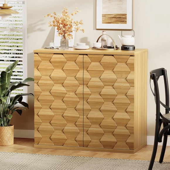 Modern Sideboard Buffet Cabinet with 3D Hexagon Doors, Push-Open Storage Cabinet with Soft-Close Hinges for Dining Room & Living Room, 31.5"