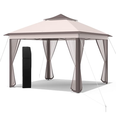 Costway 11'x11' 2-Tier Pop-Up Gazebo Tent Portable Canopy Shelter Carry Bag Mesh Beige