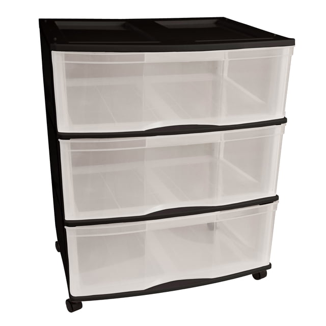 Gracious Living Chariot Grand à 3 Tiroirs Noir avec Tiroirs Transparents Doté d'Un Cadre en Résine Noire durable et de Trois Tiroirs Transparents à Glissement Facile pour un Rangement visible, avec Roulettes Amovibles pour la Mobilité, Souvent Utilisé pour Organiser des Articles Ménagers et des Fournitures d'Artisanat.