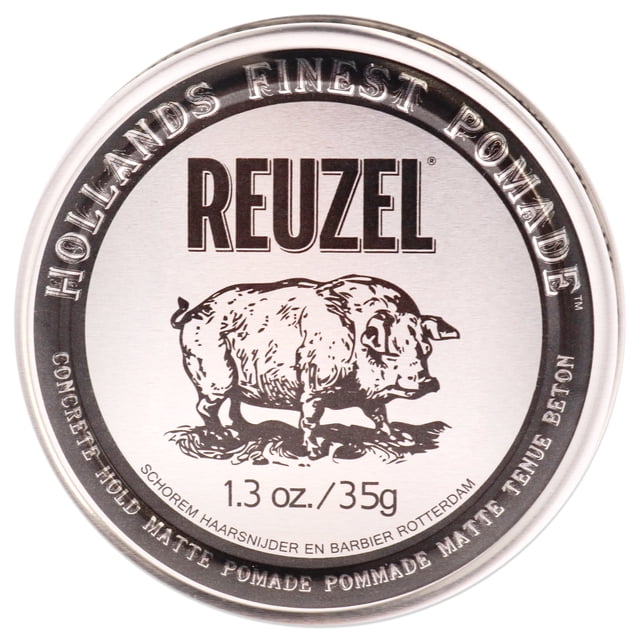 Concrete Hold Matte Pomade by Reuzel for Men - 1.3 oz tin with a silver finish, bold Reuzel branding, and a pig illustration. Text includes 'Holland's Finest Pomade' and product details in English and French. Ideal for hair styling with a water-based formula that washes out easily.