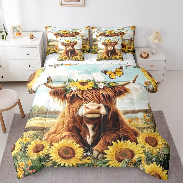 Erosebridal Ensemble de Literie Highland Cow Format Grand, Ensemble de Lit Tournesol, Déco de Chambre Ferme avec Animaux, Réversible