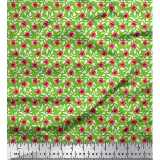 Soimoi Modal Satin Fabric Leaves & Poppy Floral Printed Fabric 1 Yard 42 Inch Wide