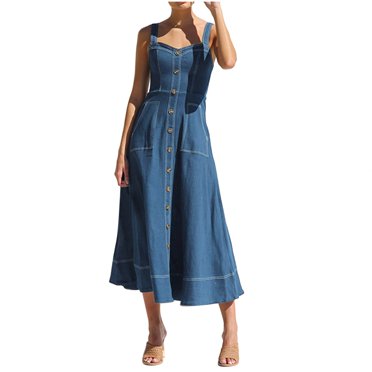 TJAZFJPA Longues Robes pour Femmes Fête Femmes Robes d'Été Bretelles Style Décontracté Usé Bouton Denim Longue Robe Châles et Étoles pour Robes de Soirée Robes de Fête pour Femmes Soirée
