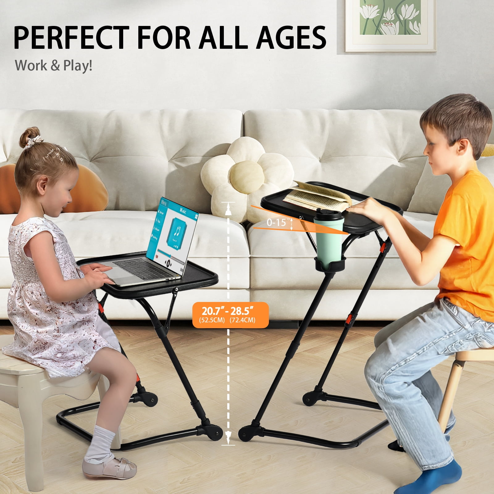 Homy Casa table plateau pliante 1 pièce 21,26 po, hauteur réglable avec porte-gobelet pour canapé-lit, noire