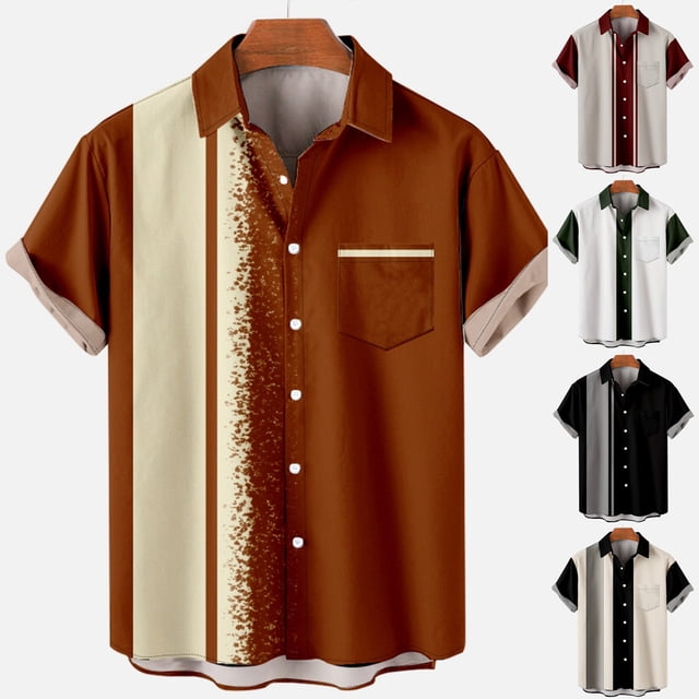 XZNGL Chemise à Manches Courtes Boutonnée pour Hommes, Col Rabattu à Imprimé Patchwork, Mélange Polyester Spandex, avec Poches avant, Coupe Décontractée, Tenue d'Été pour l'Extérieur