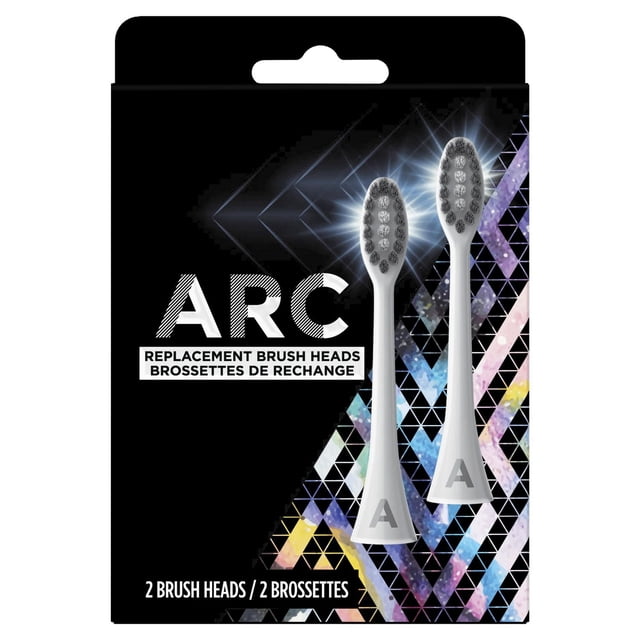ARC Têtes de Brosse, Têtes de Brosse à Dents de Rechange Blanches avec Têtes de Brosse Ovales Compactes et Poils Souples Conçus pour l'Élimination de la plaque et le Polissage des Dents, Présentées dans un Emballage Noir avec des Motifs Géométriques Colorés, Comprend Deux Têtes de Brosse Idéales pour les Soins Buccaux et le Blanchiment.