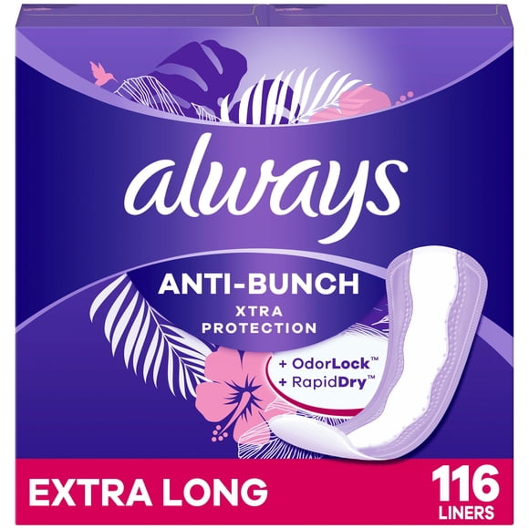 Always Anti-Bunch Xtra Protection Daily Liners, Extra Long Length, Unscented 116 count