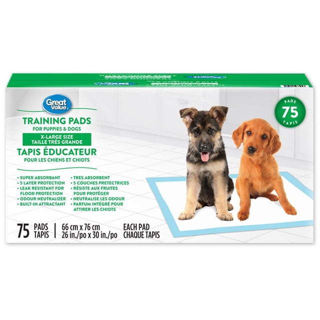Great Value Training Pads XL 75CT box featuring two puppies sitting on a 26 by 30 inch super absorbent, leak-proof training pad with built-in attractant and odor neutralizer, designed to protect floors and aid puppy training with 5-layer protection.