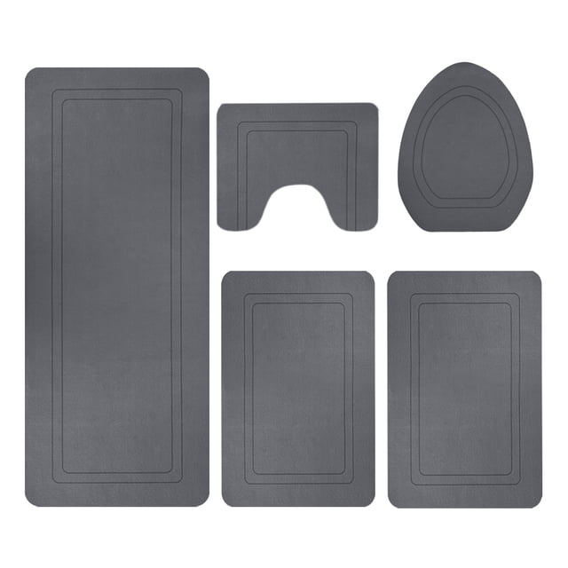 Maplenight 5-Pieces Large Bathroom Rug Set with Toilet Cover - Soft Velvet Fleece, Non-Slip, Water Absorbent, Washable, Modern Style Gray