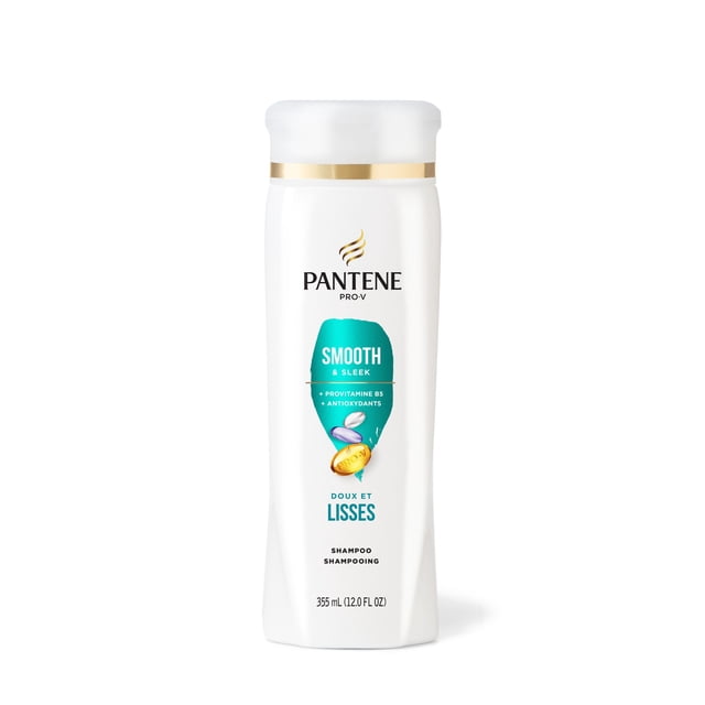 Pantene Smooth & Sleek 72 HR Smoothness Shampoo in a white 355 ml (12 fl oz) bottle with gold trim, formulated with pro-vitamin B5 and antioxidants to replenish moisture, fight frizz, and strengthen hair bonds for smooth, sleek hair.