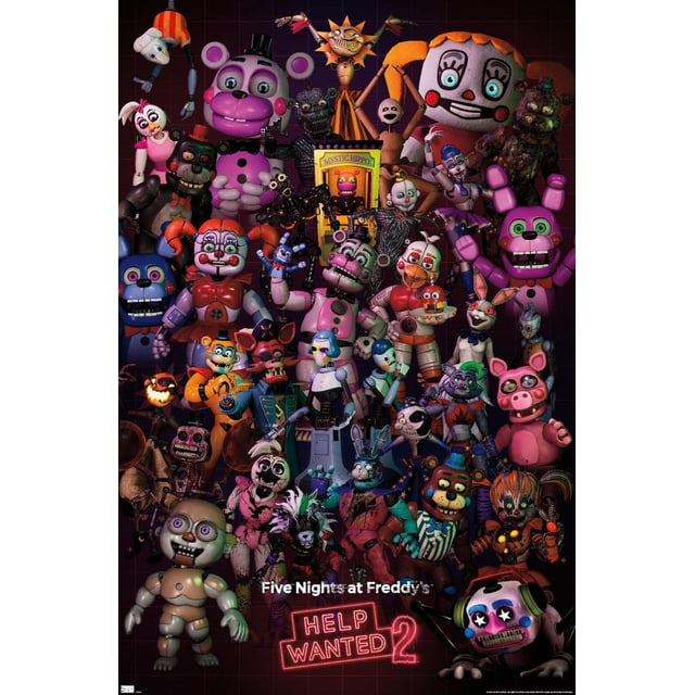 Five Nights at Freddy's : Help Wanted 2 - Affiche Murale de Groupe Présentant une collection à Rangée Multiple de Personnages Animatroniques Colorés du Jeu, Imprimée sur Papier Lustré Mesurant 22,375 par 34 Pouces, Convient à la Décoration Murale de Chambre Ou de Salle de Jeux et à la Décoration de Fête.