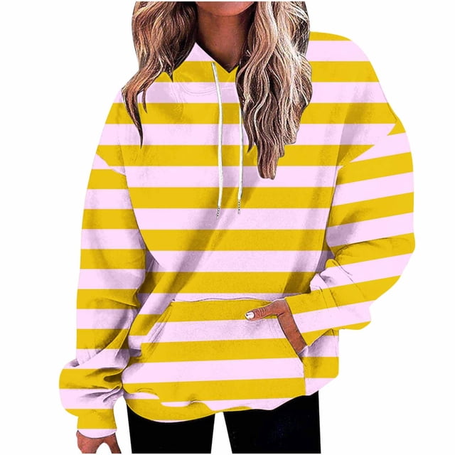 FAIWAD Womens Striped Drawstring Hoodies Casual Long Sleeve Color Block Pullover Tops Drop Shoulder Loose Sweatshirts