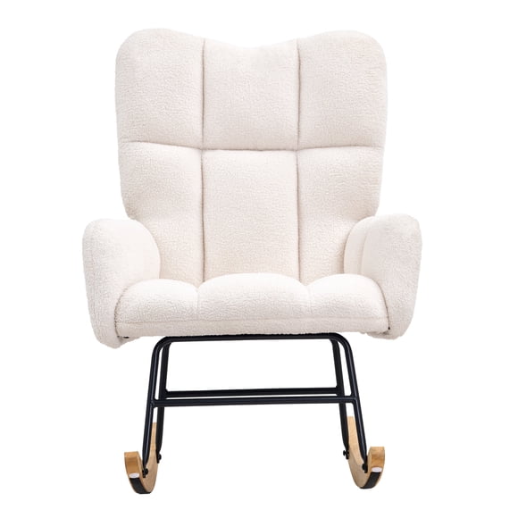KFFKFF Fauteuil Berçant pour Chambre de Bébé, Fauteuil Berçant à Glissière avec Siège Coussiné et Dossier Haut, Capacité de Charge de 250 Lb en Tissu Teddy, Fauteuil Berçant à Glissière Rembourré pour Chambre de Bébé, Chambre, Salon, Blanc Crème