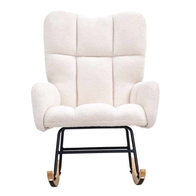 KFFKFF Nursery Rocker Chair in creamy white teddy fabric with a cushioned seat and tall back support. Designed for nursery use, it features a sturdy rubberwood curved base and powder-coated metal frame for durability, supporting up to 250 lbs. Ergonomic design with padded armrests for comfort, ideal for nursery, bedroom, or living room.