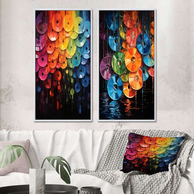 Designart "Shimmering Beats Compact Discs wall art II" Compact Discs Framed Wall Art Set Of 2 - Multi-Color Fashion Framed Canvas Set For Living Room Decor